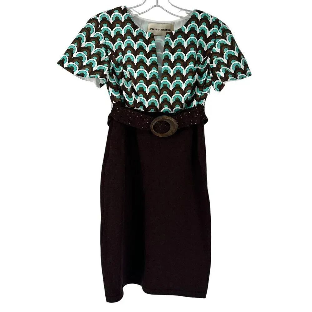 Jennifer Roberts Dress Silk Flutter Sleeve Rhinestone Belted Y2K Teal Brown SZ 4